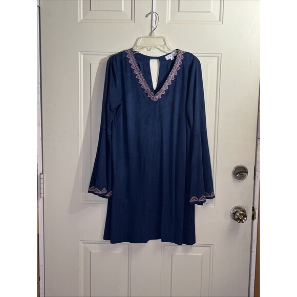 THML Navy Embroidered Bell Sleeve Tunic Dress Small Boho Keyhole Neckline - Picture 1 of 4